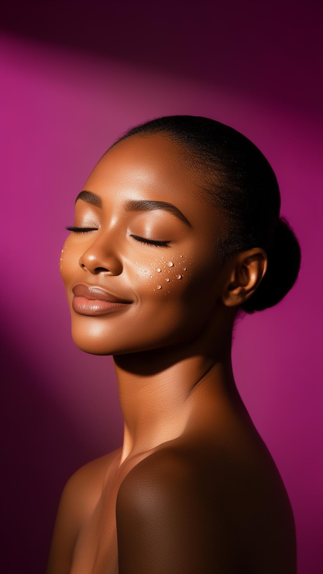 Radiant melanin-rich skin glowing in soft editorial light
